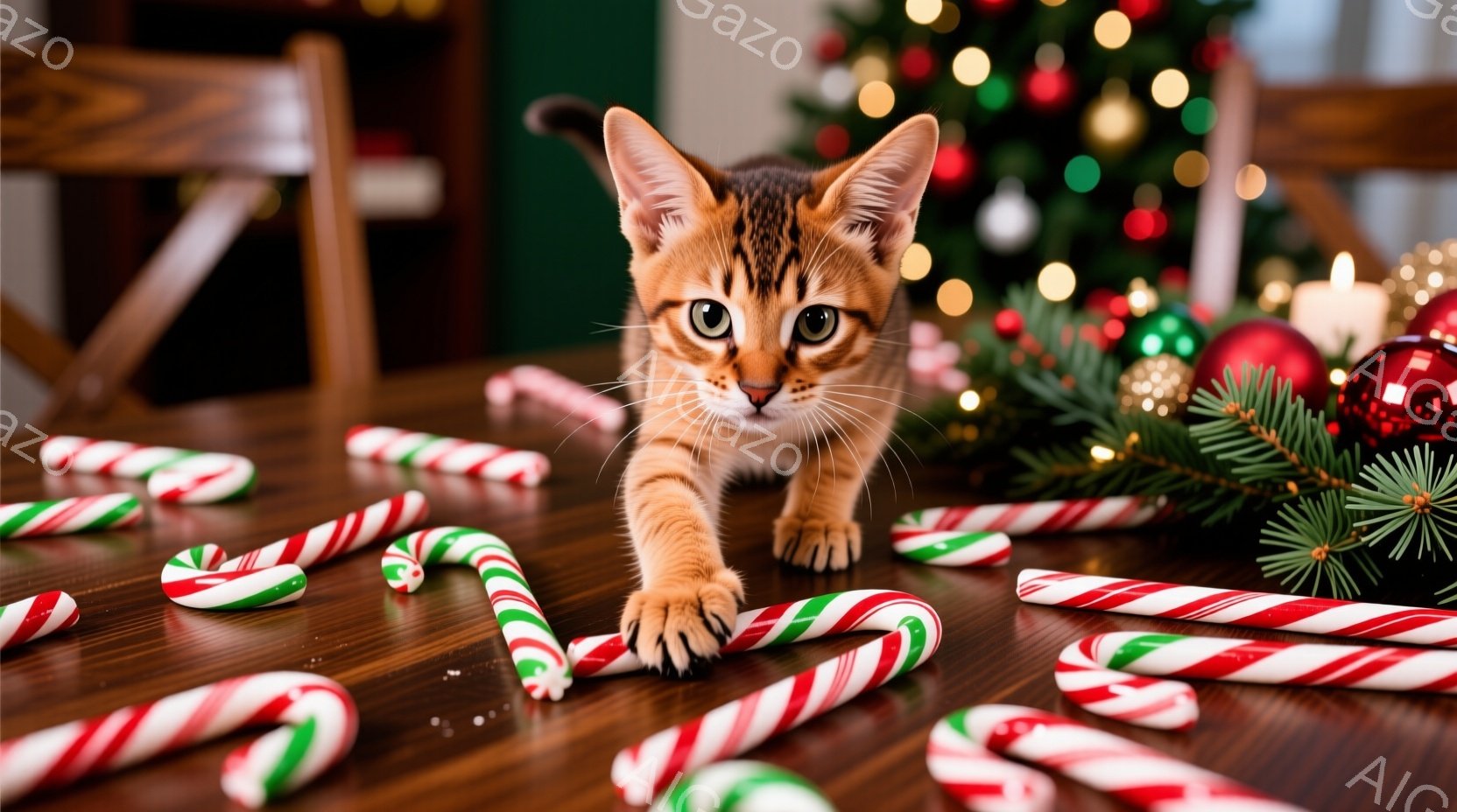 明るい木製のテーブルの上に、オレンジと黒の模様の小さな子猫がキャンディケーンの間で前足を伸ばして座っています。背景には緑のモミの枝や赤いクリスマスオーナメントがぼやけて見え、温かくお祝いムードを醸し出 - AI生成フリー素材