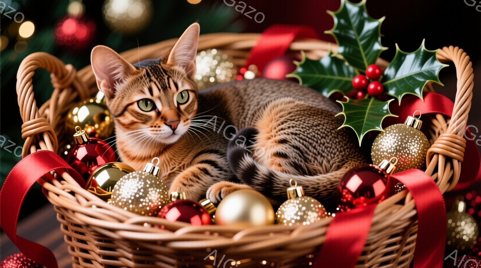 籠の中に、模様の美しい猫が丸まって眠っています。赤色のリボンと輝くオーナメントが猫を取り囲み、クリスマスの装飾が背景にぼんやりと見えます。暖かく、居心地の良い、お祝いの雰囲気が漂っています。