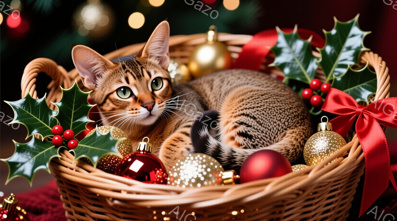 籠の中に縞模様の猫が丸まって座っており、リラックスした表情でこちらを見ている。籠の中には赤いリボンと金色のクリスマスオーナメントが散りばめられ、背景にはぼやけたクリスマスツリーの光が輝いている。全体的 - AI生成フリー素材