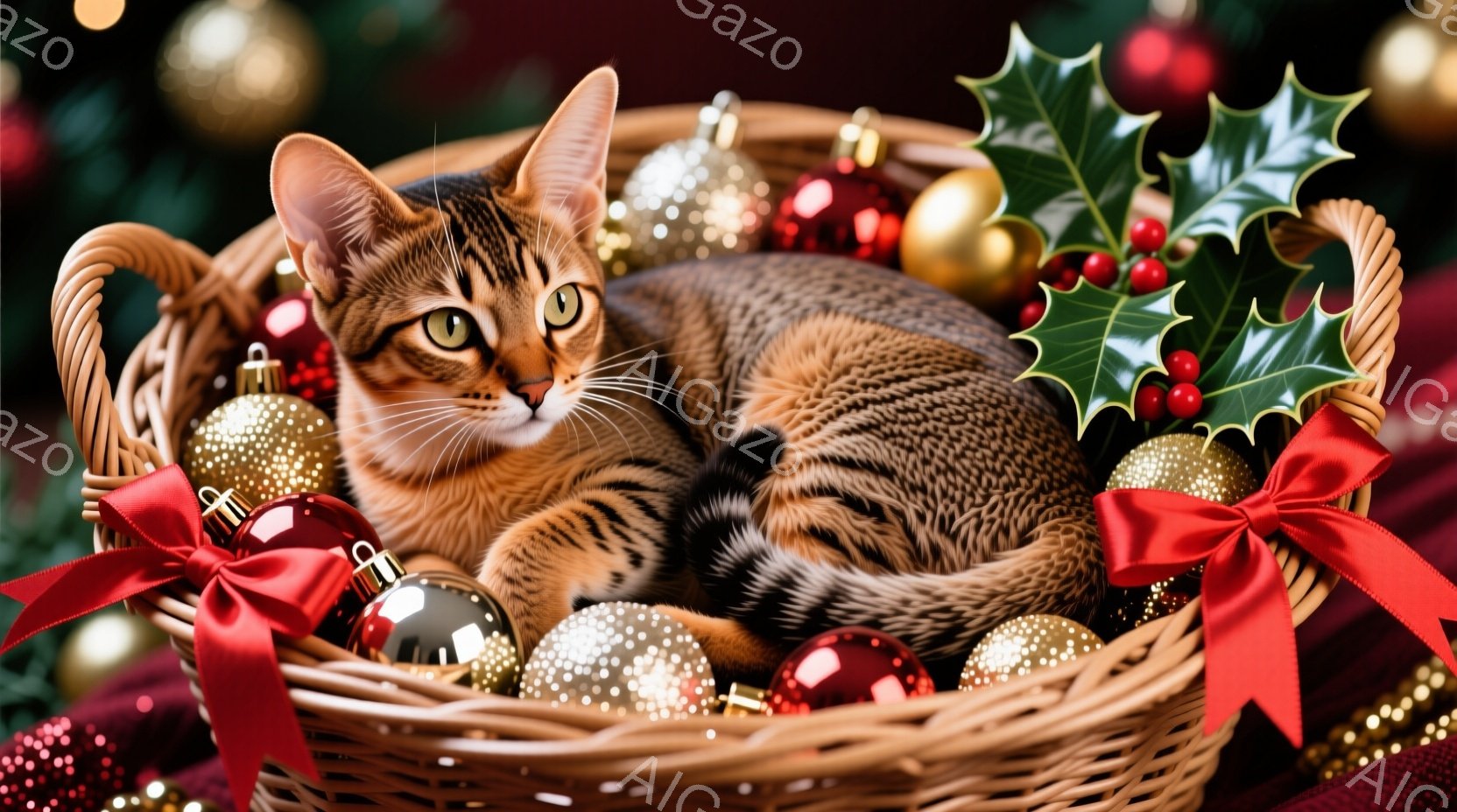 籐で編まれたバスケットの中に、縞模様の猫が丸まってリラックスして横たわっています。猫は金色の目をしており、周囲には赤いリボンと装飾が施されたクリスマスオーナメントが散りばめられています。背景にはぼやけ - AI生成フリー素材