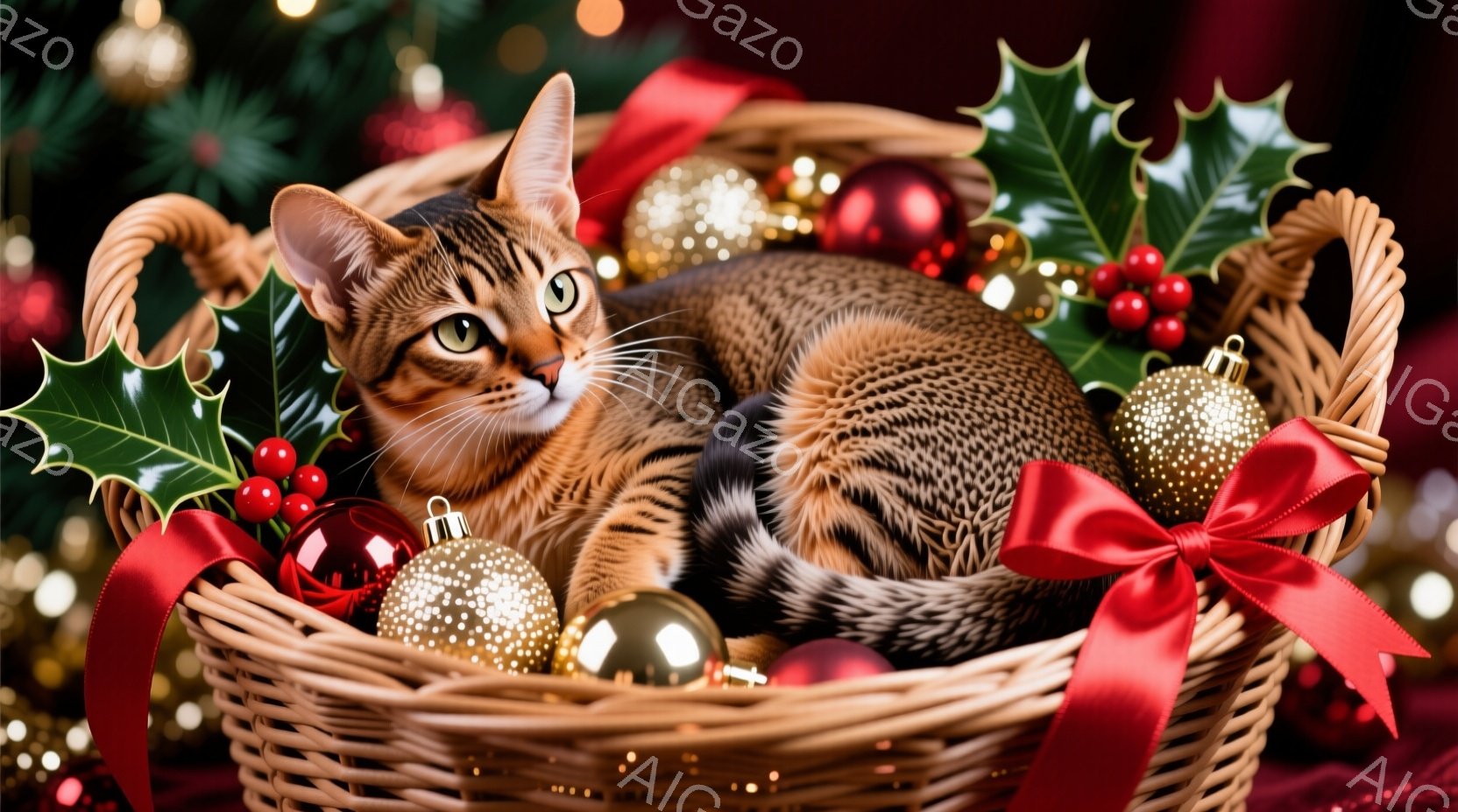 籠の中に茶色の縞模様の猫が丸まって眠っています。周りには赤い実のついた葉や金色のクリスマスオーナメントが飾られ、赤いリボンが結ばれています。背景はぼやけていますが、クリスマスツリーの光がちらちらと見え - AI生成フリー素材