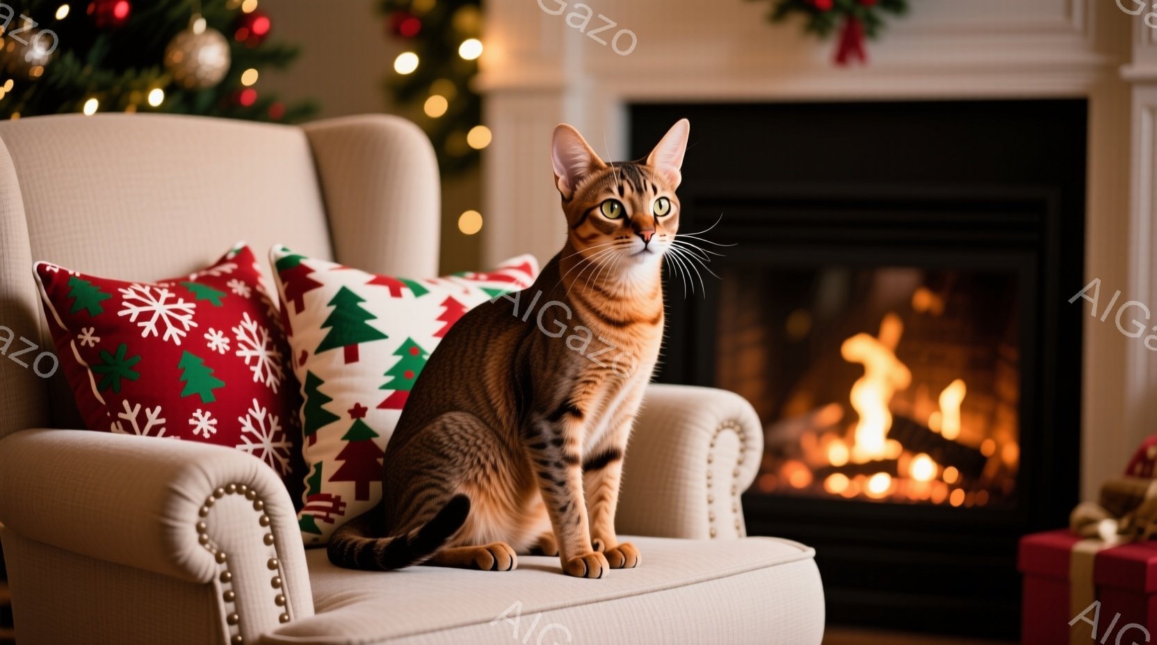 暖炉の前にあるクリーム色の肘掛け椅子に、美しい斑模様の猫が座っています。猫は落ち着いた表情で、こちらを見つめており、背筋が伸びて凛とした姿勢です。背景には、クリスマスツリーの飾りやプレゼントが見え、暖 - AI生成フリー素材