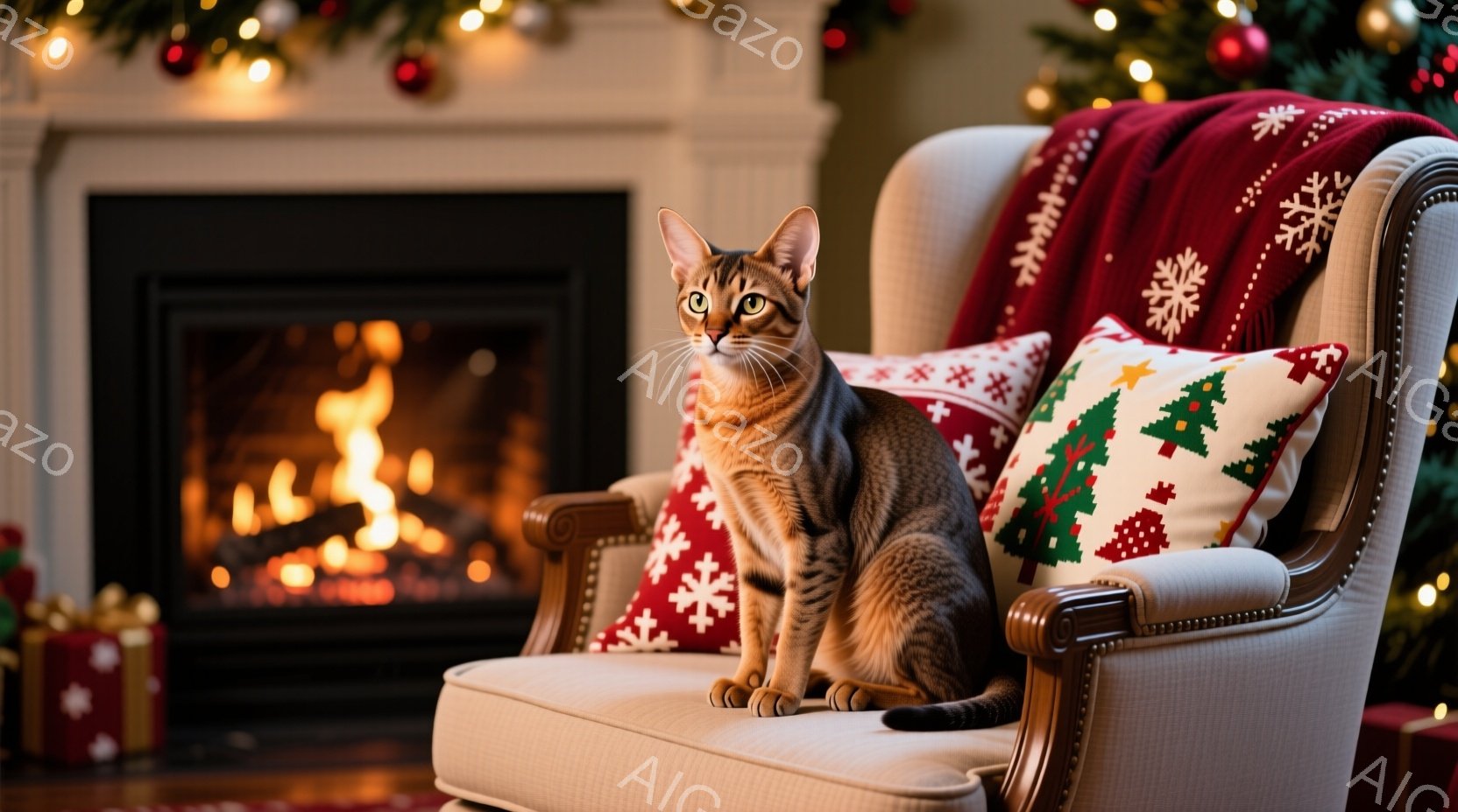 暖炉の前にあるクリーム色の肘掛け椅子に、縞模様の猫が座っています。猫は前足を揃え、まっすぐ前を見つめており、リラックスした表情をしています。背景にはクリスマスツリーの明かりが輝き、プレゼントの箱が置か - AI生成フリー素材