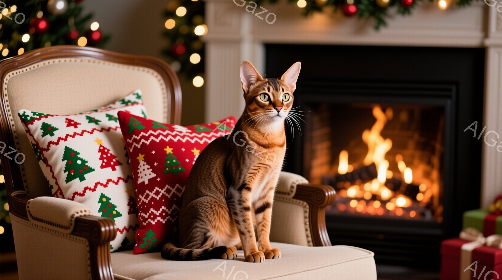 暖炉の前にあるクリーム色の肘掛け椅子に、斑点模様の猫が座っています。猫は前方をまっすぐ見つめ、落ち着いた表情をしています。背景にはクリスマスツリーやプレゼントが置かれ、暖炉の炎が温かい雰囲気を醸し出しています。