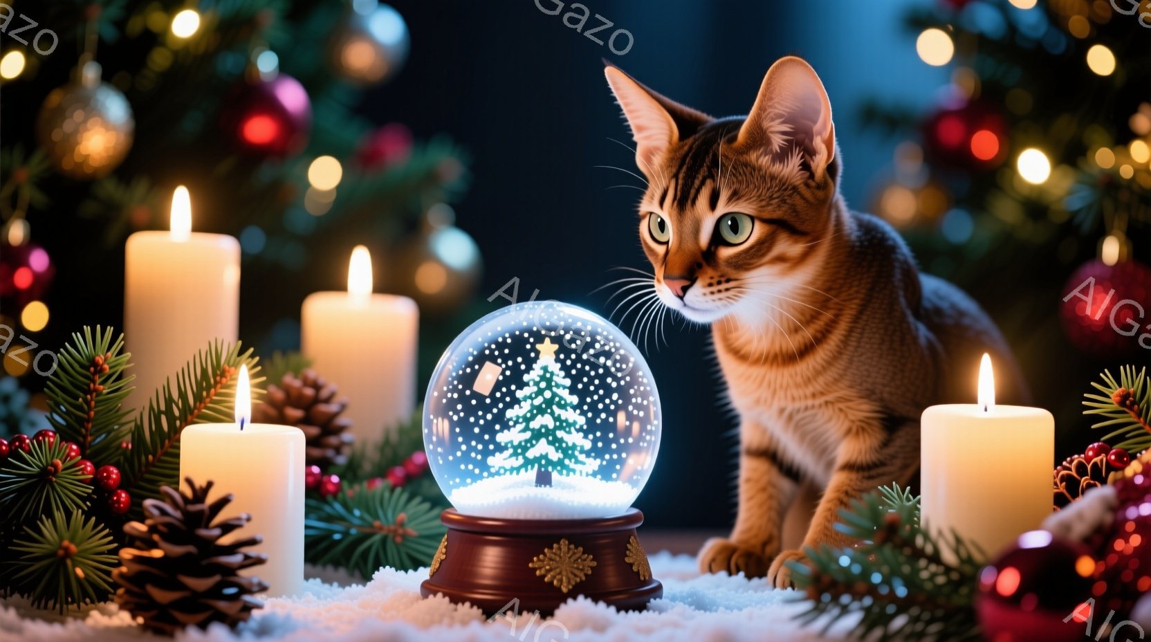 暖炉の周りを飾るような、冬の温かい雰囲気が漂う写真です。茶色のトラ猫が雪の降るクリスマスのオーナメントの雪の玉を見つめており、周囲には光るキャンドルと松ぼっくり、クリスマスツリーの飾り付けが散りばめら - AI生成フリー素材