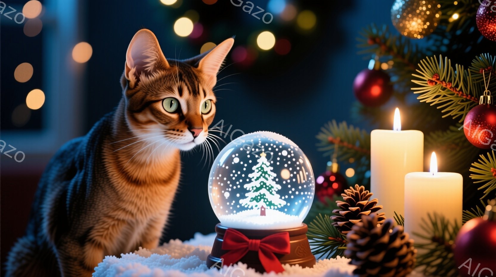 茶色の縞模様の猫が、雪が降るクリスマスの飾りが入ったガラス球を興味深そうに見つめている。背景には、赤いオーナメントで飾られたクリスマスツリーと、暖かく灯ったキャンドル、そして雪の積もった地面が広がっており、温かく幻想的な雰囲気を醸し出している。全体的に、猫の好奇心とクリスマスの温かさが感じられる、心安らぐ光景だ。