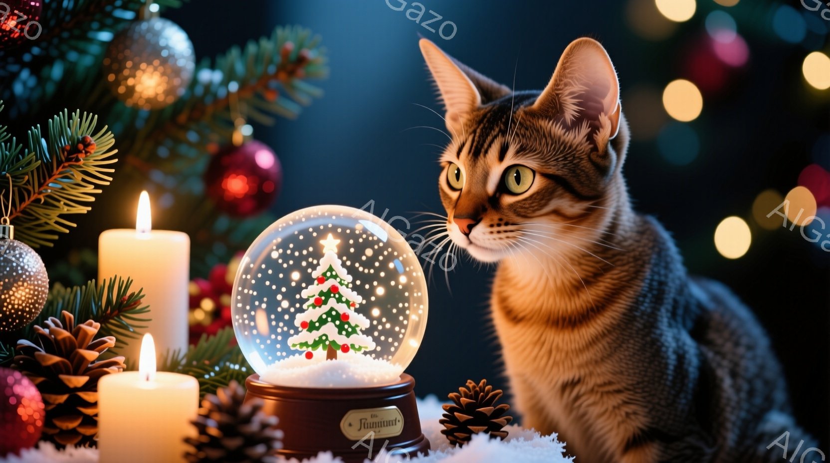 暖炉のそばのような雪景色の中に、茶色の縞模様の猫が好奇心いっぱいの表情で雪の玉を見つめている。雪の玉の中には小さなクリスマスツリーが飾られており、背景にはぼやけたクリスマスツリーの飾りやロウソクの光が - AI生成フリー素材