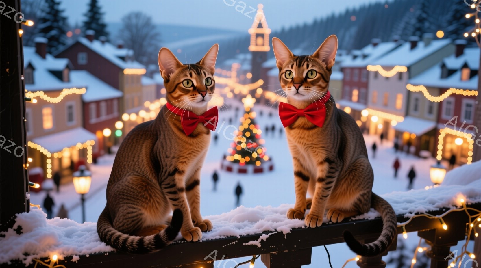 ソファに横たわる斑点の猫が写っています。猫はリラックスした様子で、前足を伸ばし、緑色の目をカメラに向けています。背景には、クリスマス柄のクッションと、温かい光を放つ電飾が飾られた壁が見え、冬の暖かく居 - AI生成フリー素材