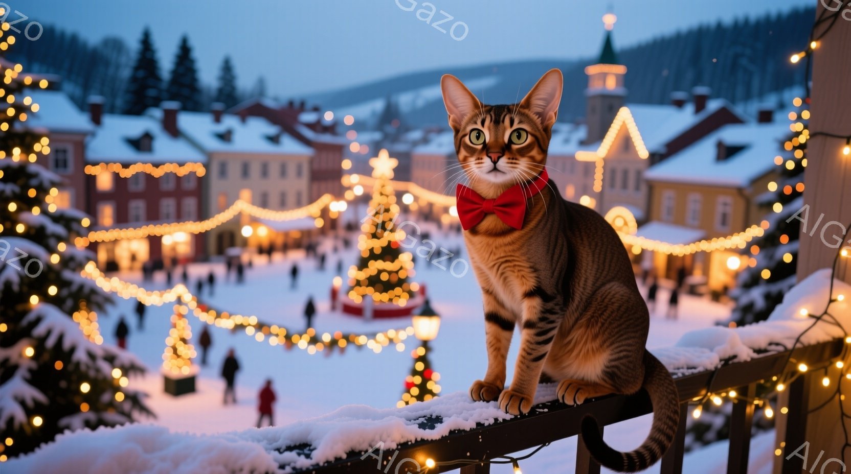 茶色の縞模様の猫が、赤い蝶ネクタイをつけ、雪に覆われた柵の上に座っています。背景には、クリスマスツリーやイルミネーションで飾られた、雪景色の中の建物が並び、冬の暖かい祝祭の雰囲気が漂っています。 猫は - AI生成フリー素材