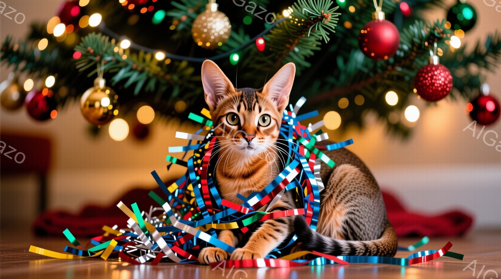 茶色と黒の縞模様の猫が、赤い布の上に散らばったカラフルなリボンに囲まれて座っています。猫は前足を揃え、正面を見て少し好奇心と遊び心のある表情をしています。背景には、たくさんの装飾が施されたクリスマスツ - AI生成フリー素材