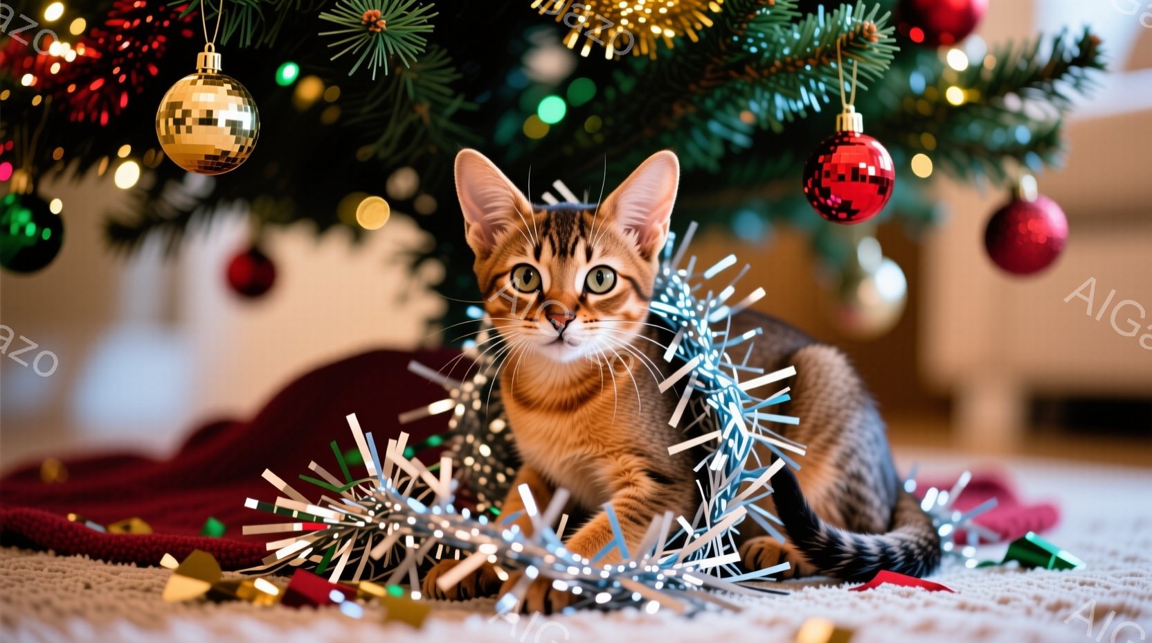 茶色と黒の縞模様の小さな子猫が、クリスマスの飾りが入った籐のバスケットの中に座っています。周りには赤と白のキャンディケーンや、アイシングで飾られたジンジャーブレッドクッキーが散りばめられており、子猫は正面を見て穏やかな表情をしています。背景はぼやけたクリスマスツリーの光で、暖かくお祝いの雰囲気です。
