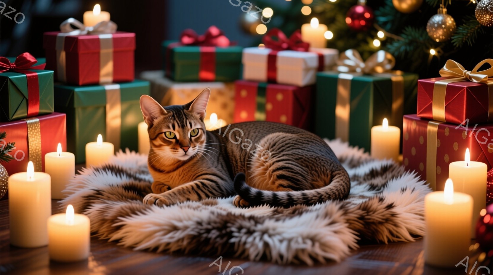 縞模様の猫がふわふわの白いラグの上に横たわっており、リラックスした表情をしています。背景には、さまざまな色の包装紙で飾られたプレゼントの山と、ぼんやりと光るキャンドルが配置され、温かく幻想的な雰囲気を - AI生成フリー素材