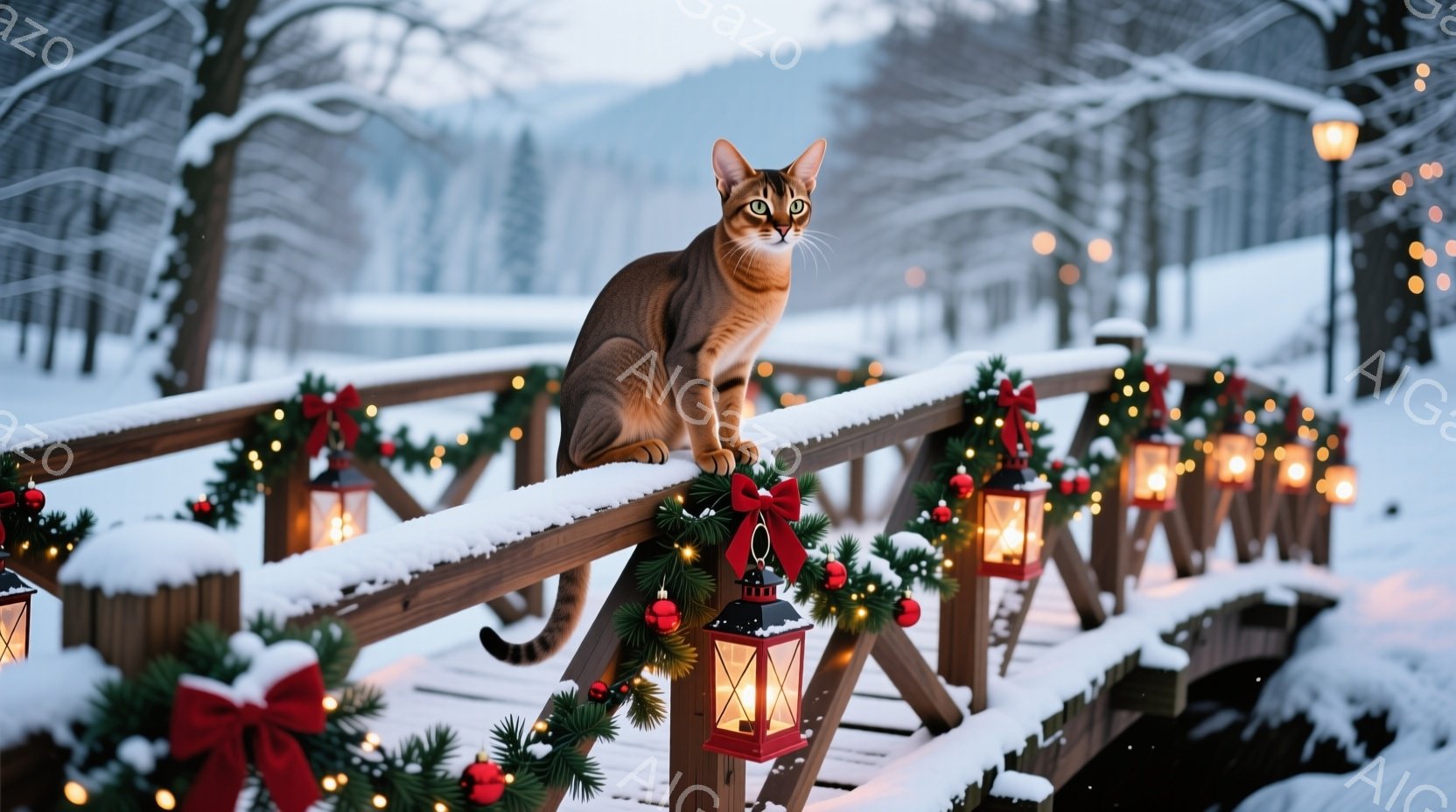 雪景色の中、装飾された橋の上で猫が座っている。橋の手すりにはクリスマスツリーの飾りや赤いリボン、灯りが並べられ、冬の暖かい雰囲気を醸し出している。背景には雪に覆われた木々が広がり、静かで穏やかな冬の風景が広がっている。