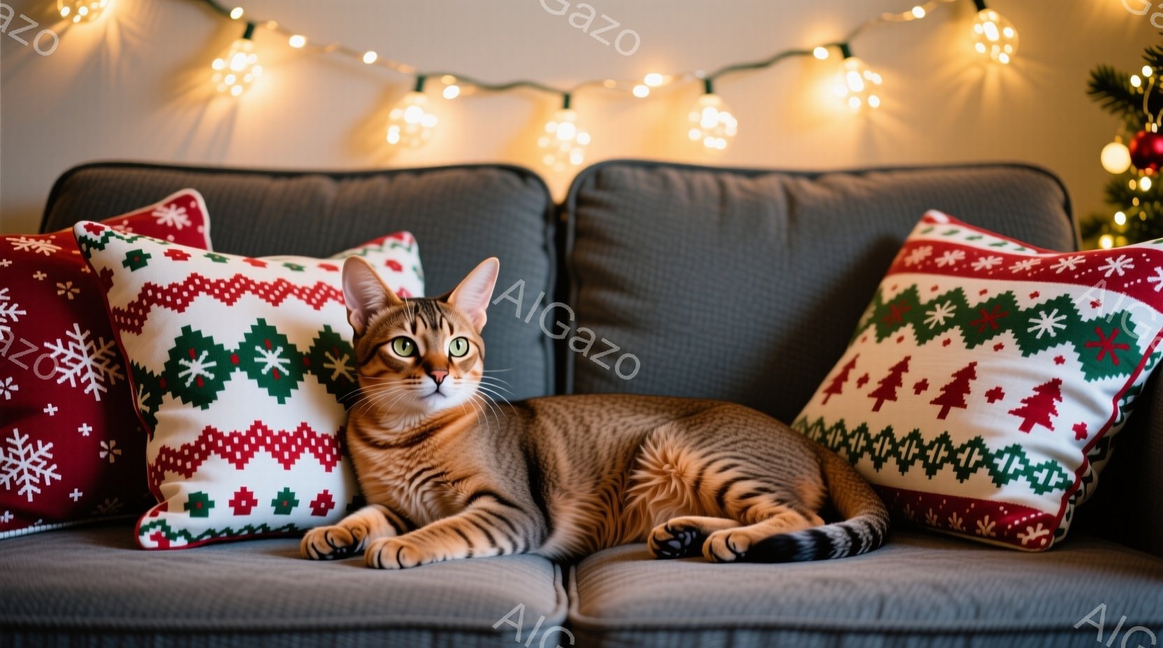 ソファに横たわる茶色の縞模様の猫が写っています。猫はリラックスした様子で、カメラの方を少し上目遣いで見ています。背景にはクリスマスの柄のクッションと、ぼんやりとした光のストリングライトが見え、温かく、心地よい雰囲気を醸し出しています。