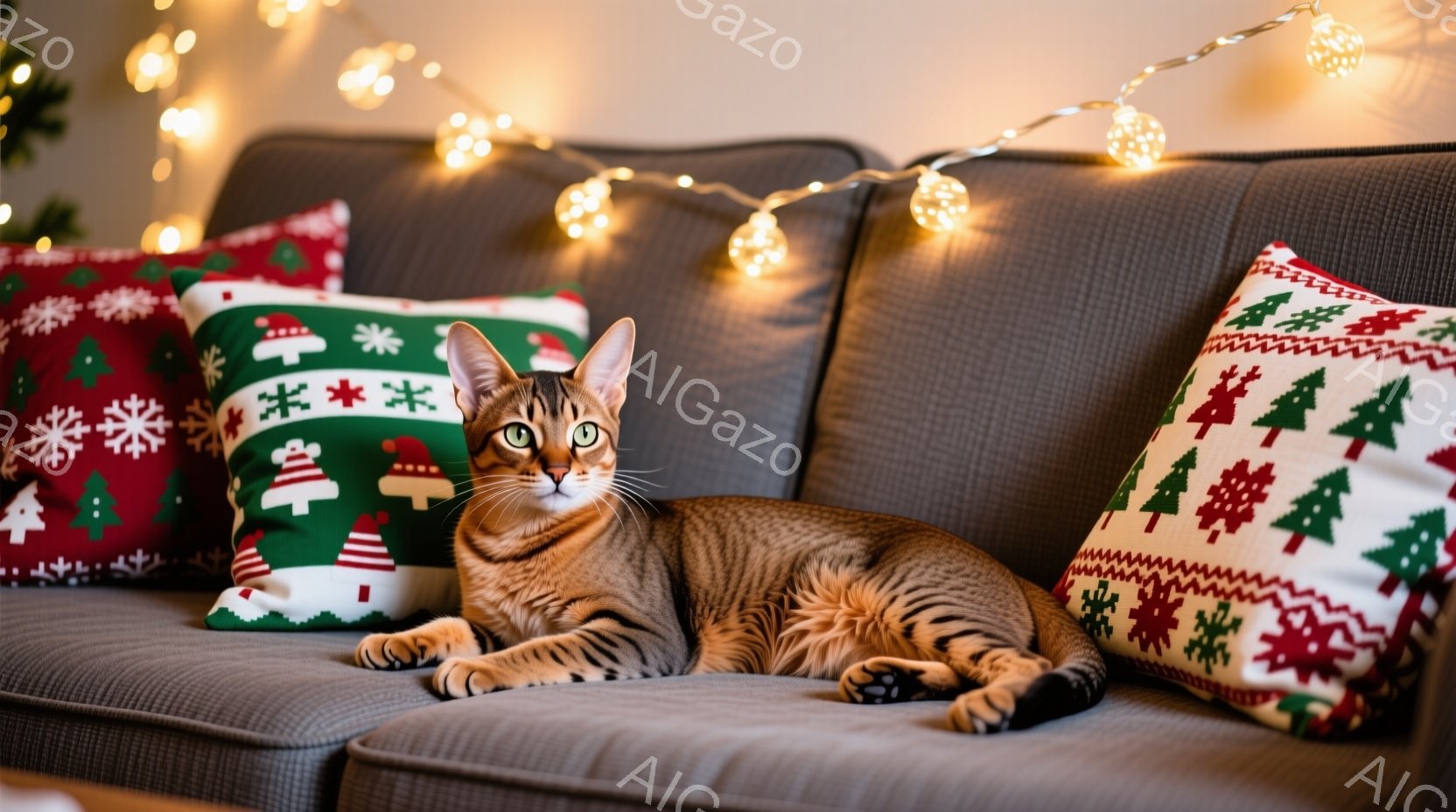 灰色のソファに、縞模様の茶色の猫が横たわっています。猫はリラックスした様子で、正面を見て少し眠たげな表情をしています。背景にはクリスマスの柄のクッションと、温かい光を放つ電飾が散りばめられており、心地 - AI生成フリー素材