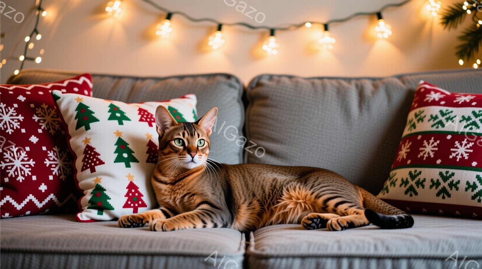 ソファに横たわる斑模様の猫が写っています。背景には、クリスマスツリー柄のクッションと、温かみのある光のストリングライトが見えます。猫はリラックスした表情で、穏やかで居心地の良い雰囲気が漂っています。 - AI生成フリー素材