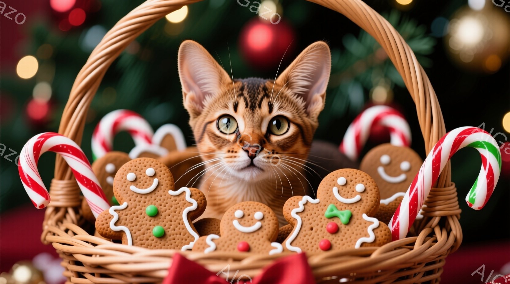 籠の中に、かわいらしい縞模様の猫がクリスマスのジンジャーブレッドマンやキャンディケーンに囲まれて座っています。猫は前足を揃え、カメラの方を見て穏やかな表情を浮かべており、背景にはぼやけたクリスマスツリ - AI生成フリー素材