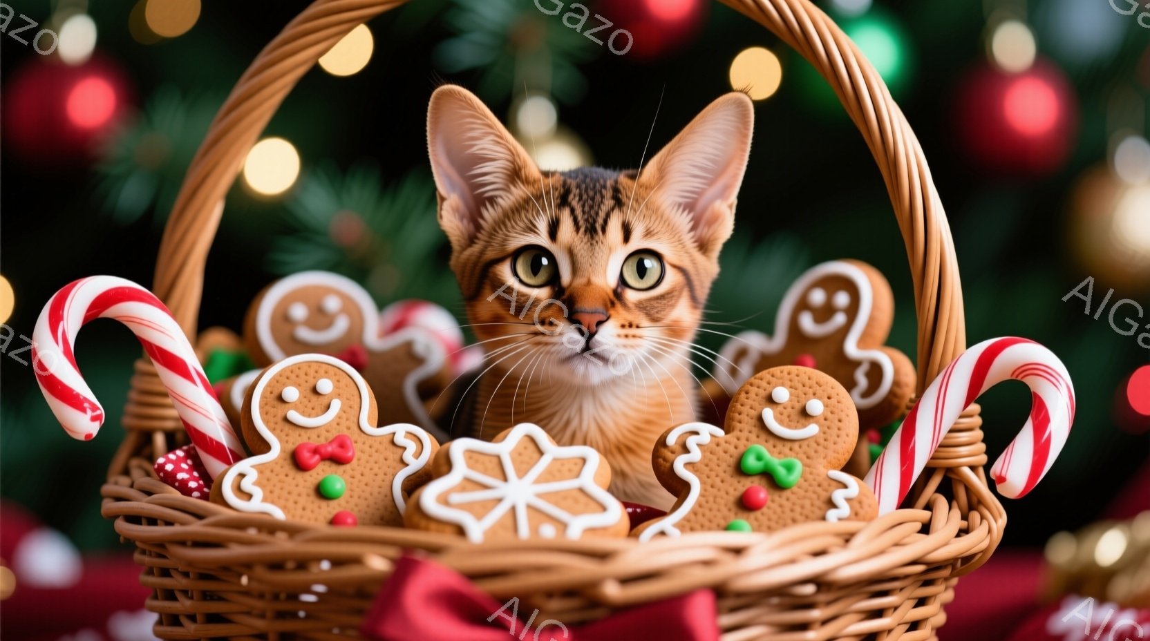 オレンジ色の毛並みの小さな子猫が、クリスマスらしい籐のバスケットの中に座っています。バスケットの中には、ジンジャーブレッドクッキーやキャンディケーンが散りばめられており、子猫は好奇心と少しの警戒心を込 - AI生成フリー素材