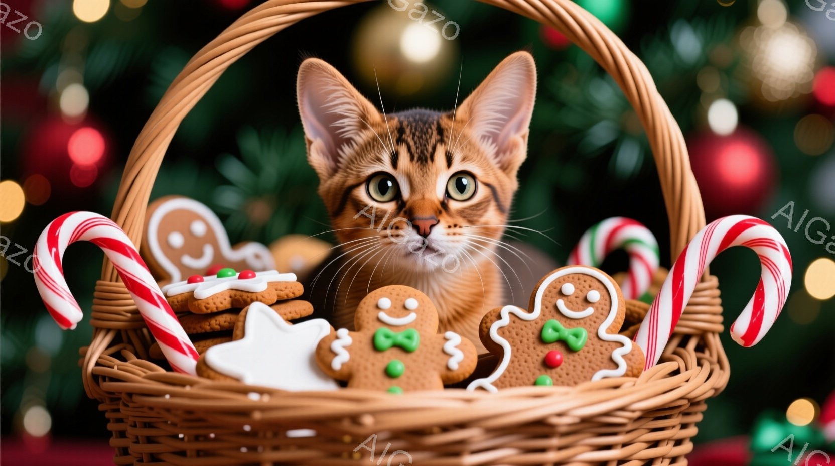 籠の中に子猫が可愛らしく座っており、周囲にはジンジャーブレッドマンのクッキーやキャンディケーンが飾られています。子猫は明るい目を輝かせ、好奇心旺盛な表情をしています。背景にはぼやけたクリスマスツリーの - AI生成フリー素材