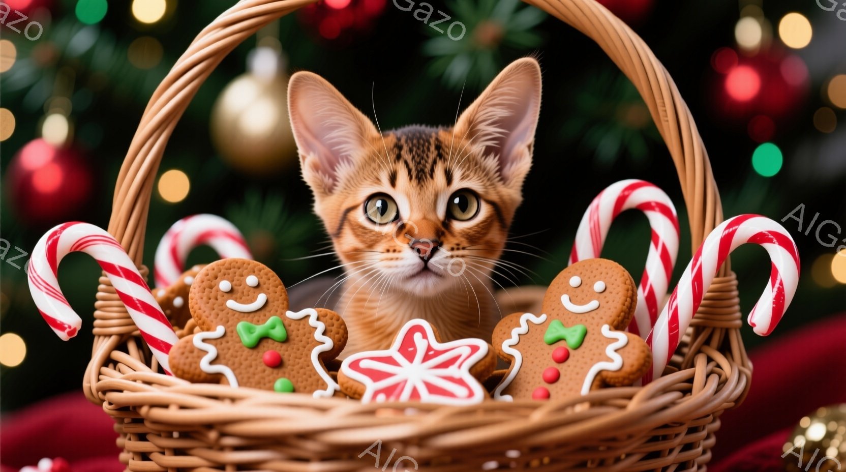 籠の中に、愛らしい子猫がクリスマスの飾りと共にいます。子猫は大きな目をしてカメラを見つめ、ジンジャーブレッドマンやキャンディケーンに囲まれています。背景にはぼやけたクリスマスツリーの光があり、暖かくお - AI生成フリー素材