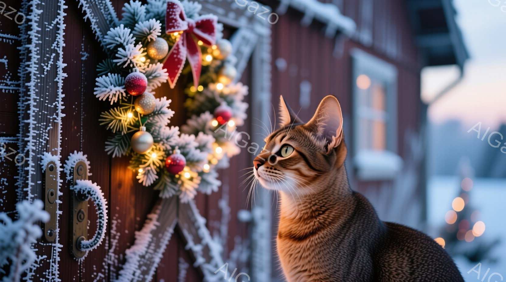 灰色の猫が、模様のある敷物の上でリラックスして横たわっています。背景には、金色のオーナメントで飾られたクリスマスツリーと、プレゼントの箱が置かれています。暖炉の光が暖かく、穏やかなクリスマスの雰囲気を - AI生成フリー素材