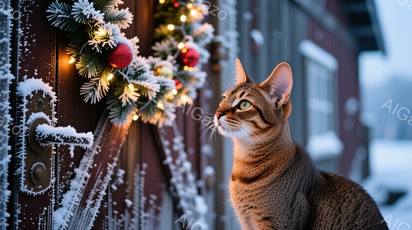 縞模様の猫が、雪で覆われた茶色のドアのそばで上を見ている。ドアにはクリスマスデコレーションとして松飾りと点灯した電飾が飾られており、背景にはぼやけた建物と雪景色が広がっている。猫は警戒心と好奇心を抱いた表情で、寒々とした冬の雰囲気を醸し出している。