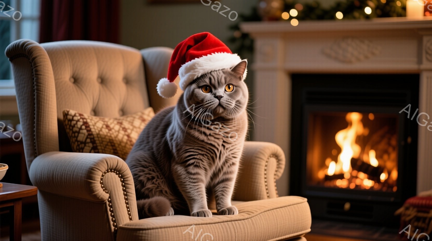 灰色の毛並みの猫が、クリーム色の肘掛け椅子に座り、赤いサンタの帽子を被っています。猫は正面を見ており、少しばかり退屈そうな表情をしています。背景には暖炉の炎が燃え盛り、クリスマスの飾り付けが施された心地よい室内空間が広がっています。