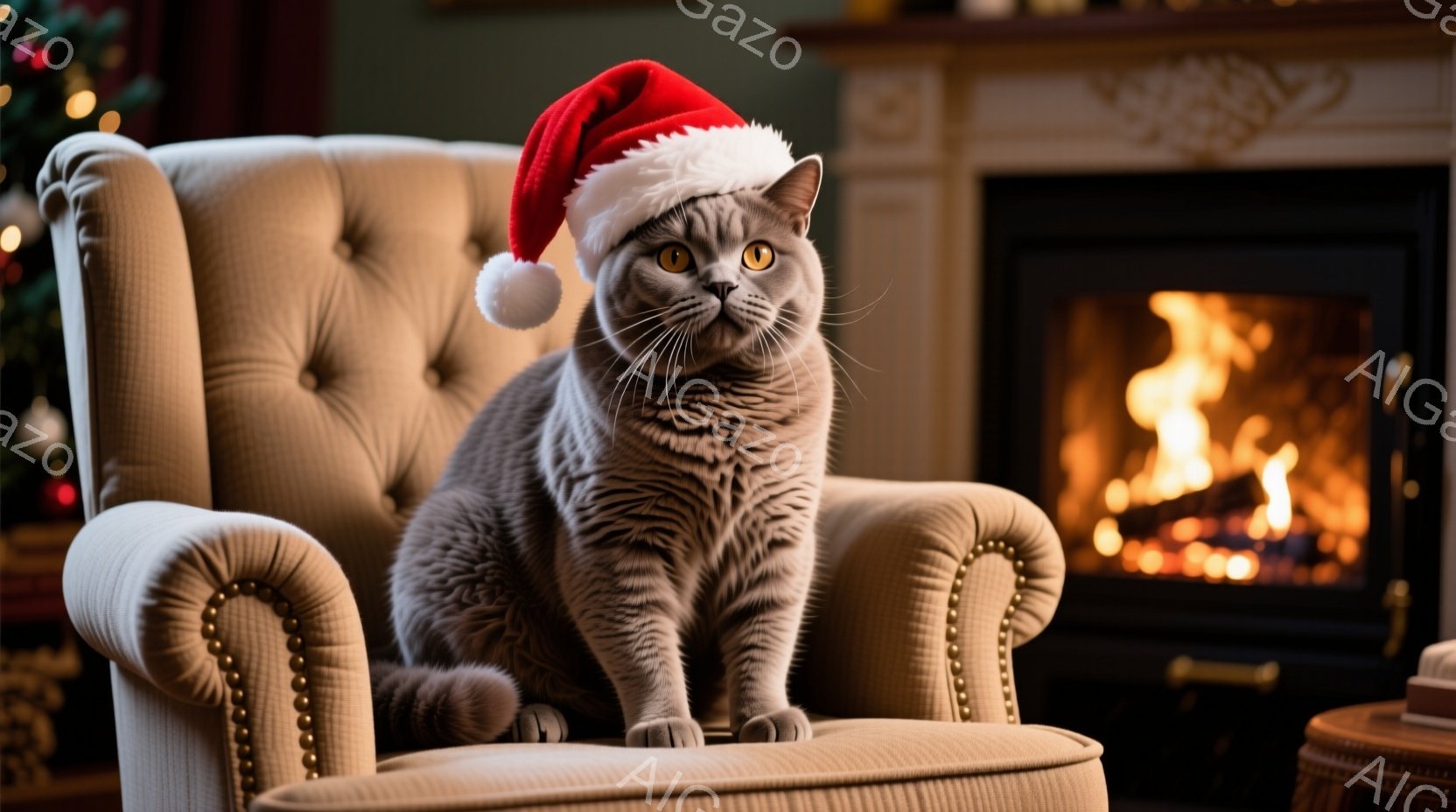 灰色の毛並みの猫が、クリスマスツリーのオーナメントを前にして遊んでいる様子が写っている。木製の床には、赤や金色のオーナメントが散らばっており、ぼやけた背景には暖炉とクリスマスツリーが見える。猫は前足を - AI生成フリー素材