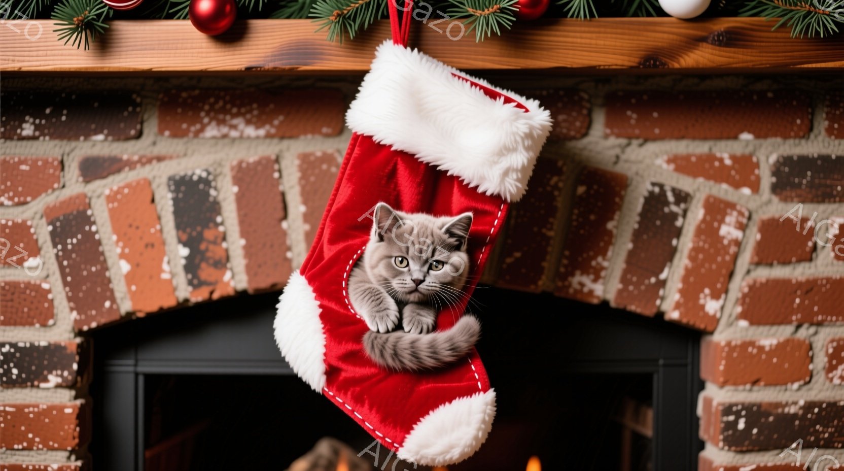赤いクリスマスストッキングの中に、灰色の毛並みの小さな子猫が丸まって座っています。子猫はリラックスした様子で、ストッキングから顔を覗かせています。背景にはレンガの壁と暖炉があり、クリスマスの飾りや緑の - AI生成フリー素材