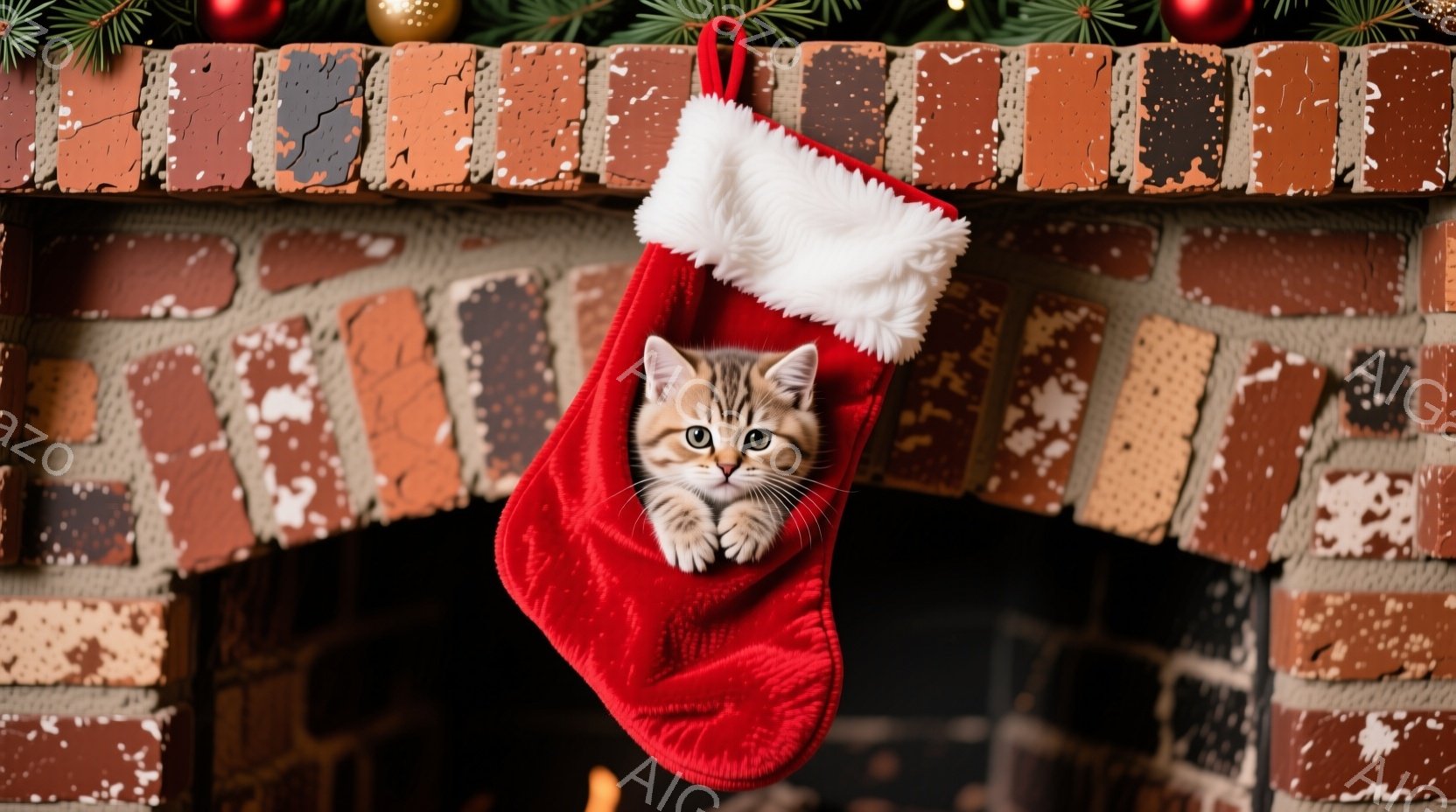 赤いクリスマスストッキングの中に、小さなキジトラの猫が顔を出している。猫は好奇心旺盛そうにこちらを見つめており、丸い瞳が印象的だ。背景はレンガ造りの暖炉で、クリスマスツリーの飾りが見え、温かく楽しい雰 - AI生成フリー素材