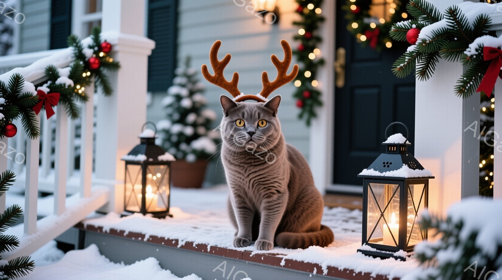 灰色の猫が、クリスマスの飾り付けがされた家の外の階段に座っています。頭にはトナカイの角をつけており、正面を見て少し驚いたような表情をしています。背景には雪が積もり、クリスマスツリーや光るランタンが暖か - AI生成フリー素材