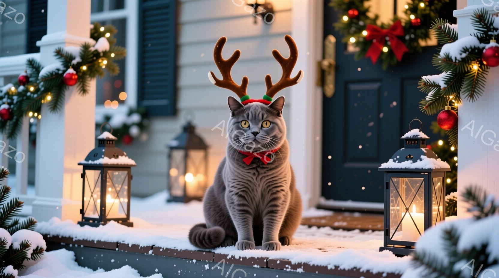 灰色の猫が、クリスマスのトナカイの角と赤い蝶ネクタイをつけて、家の玄関のステップに座っています。背景には、クリスマスツリーの飾り付けが施された玄関ドア、そして灯りがともったランタンが並び、雪が降る冬の - AI生成フリー素材