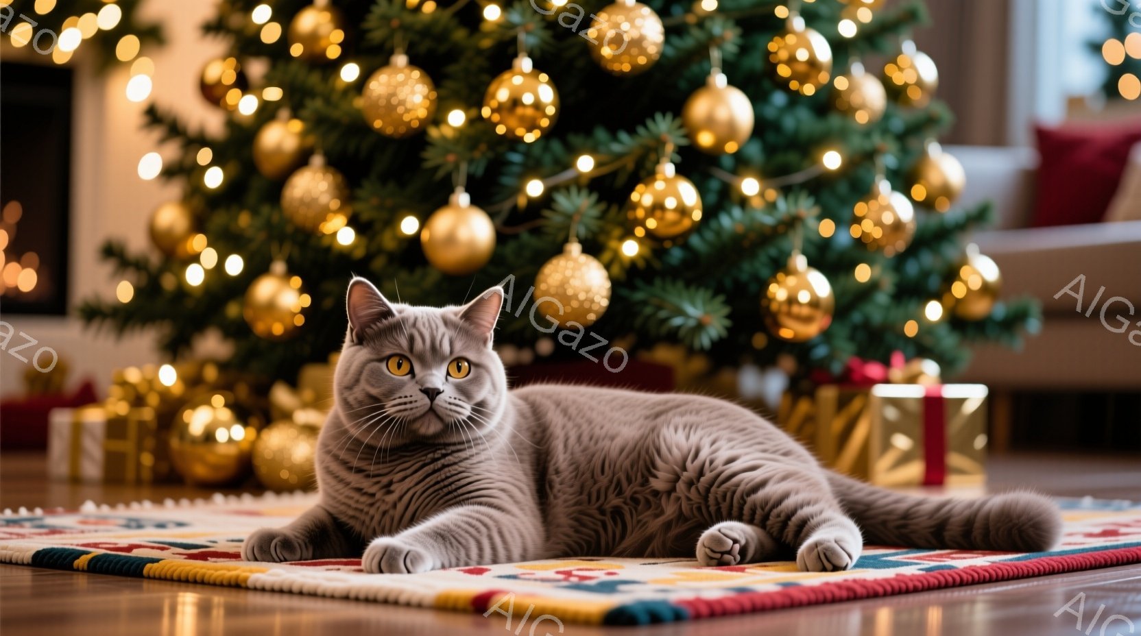 灰色の毛並みの猫が、カラフルな敷物の上でリラックスして横たわっています。背景には、金色のオーナメントで飾られたクリスマスツリーがぼんやりと見え、温かく居心地の良い雰囲気を醸し出しています。猫は穏やかな表情で、まるでホリデーシーズンを楽しんでいるかのようです。