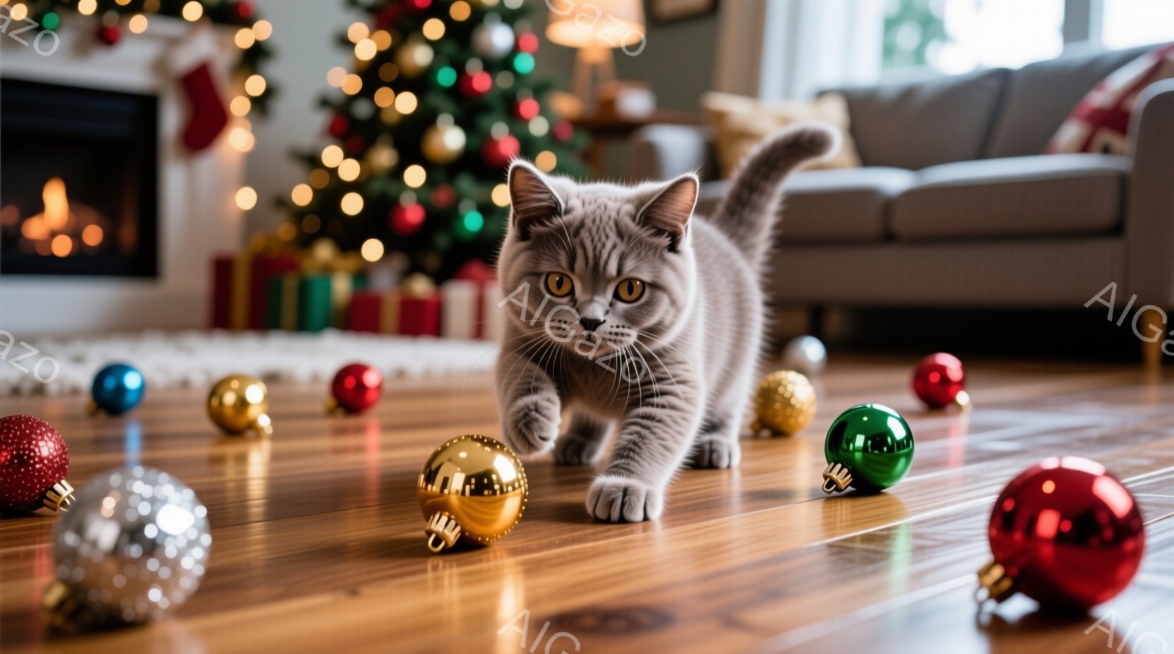 明るい木の床に、灰色の毛並みの子猫がクリスマスのオーナメントの間を歩いている。背景には、装飾されたクリスマスツリーと、暖炉が見え、部屋全体が温かく、お祝いの雰囲気に包まれている。子猫は前方をじっと見つめ、遊び心と好奇心が感じられる。