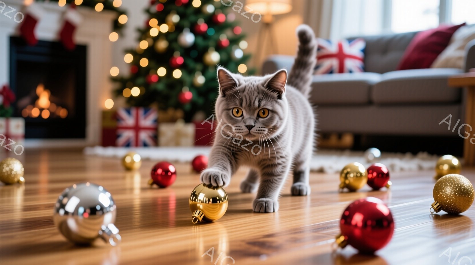 灰色の猫が木製の床に散らばったクリスマスオーナメントの間を歩いています。猫は前足を伸ばし、金色のオーナメントに触れようとしており、興味津々な表情をしています。背景には、ぼやけたクリスマスツリーと暖炉が - AI生成フリー素材