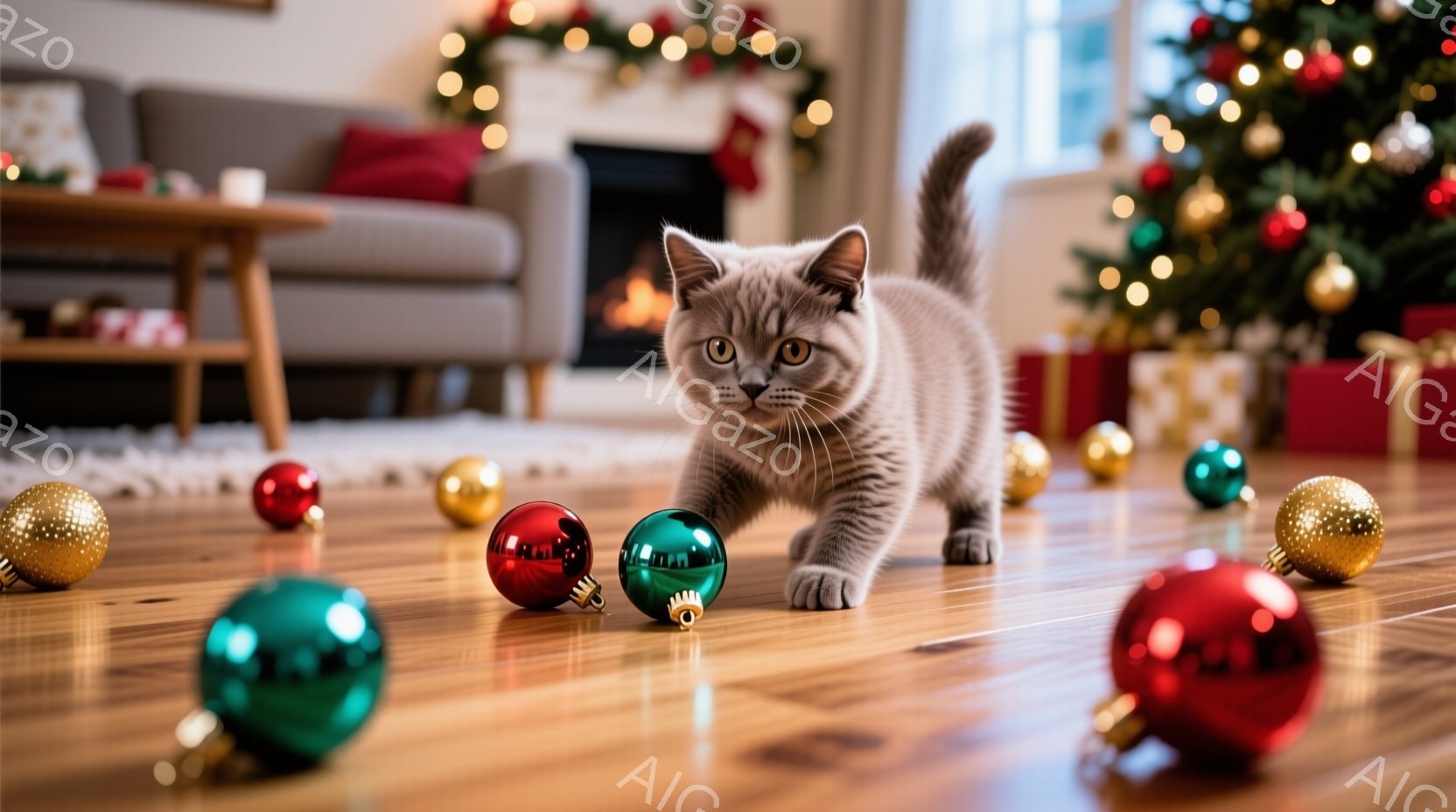 明るい木製の床に、クリスマスオーナメントが散らばり、その中に薄灰色の毛並みの小さな子猫が歩いている様子が写っている。背景にはクリスマスツリーや暖炉が見え、温かく、お祝いムードに満ちた室内が広がっている - AI生成フリー素材