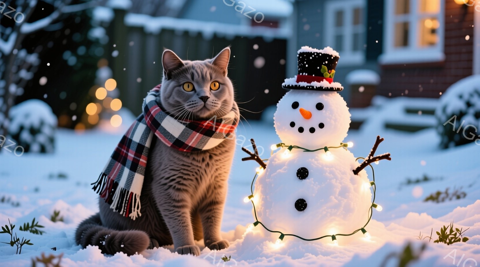 灰色の猫が赤いチェック柄のマフラーを首に巻き、雪の上に座っています。背景には、電飾で飾られた雪だるま、わずかに見える家、そして雪が降る夜空が広がっており、冬の暖かい雰囲気が漂っています。猫は落ち着いた - AI生成フリー素材