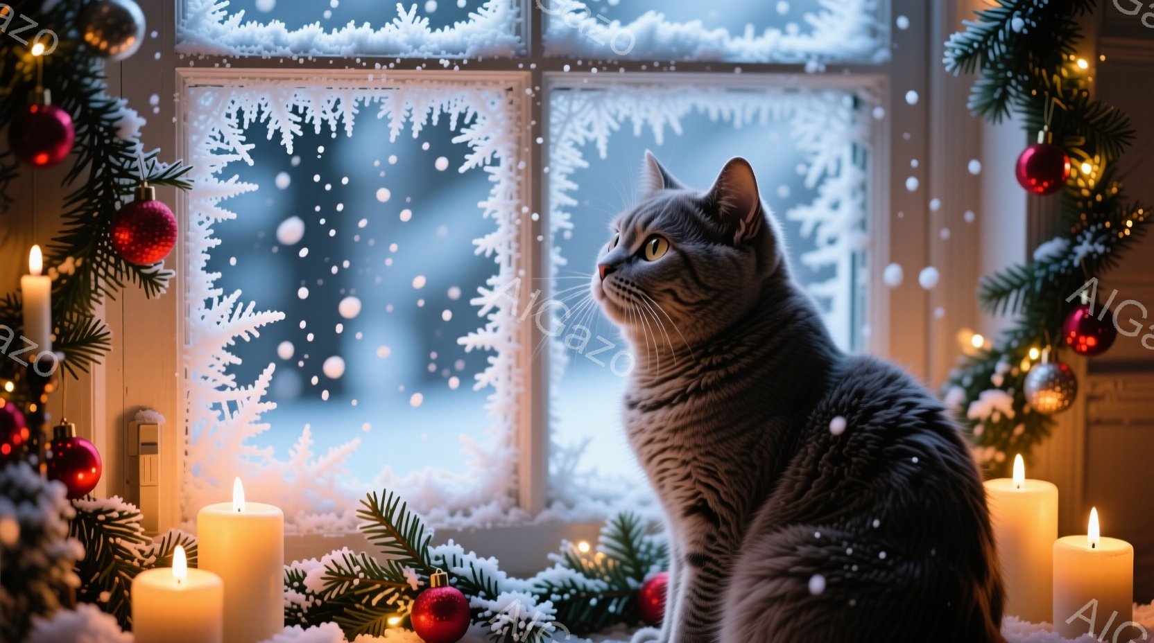 灰色の毛並みの猫が窓の外の雪景色を見つめている。窓辺にはクリスマスツリーの飾りと点灯したキャンドルが置かれ、暖かく幻想的な雰囲気を醸し出している。雪が舞い降りる冬の景色が、猫の視線を通して静かに表現さ - AI生成フリー素材