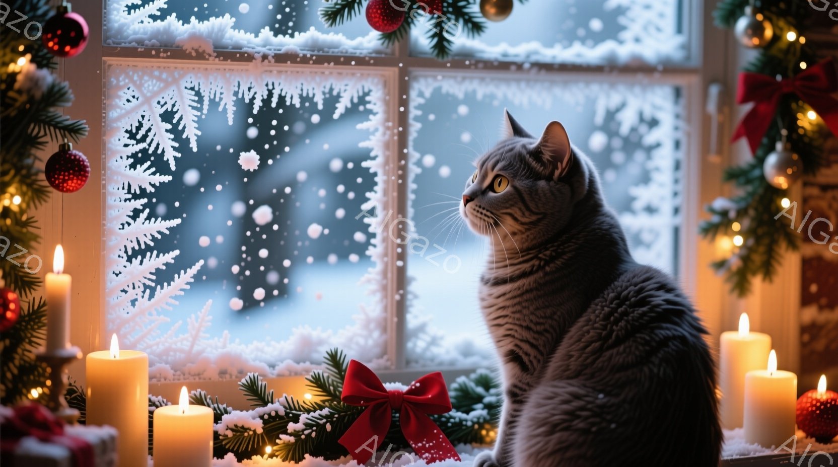 灰色の猫が窓の外の雪景色を眺めています。窓辺には赤いリボンと、点灯したキャンドルが置かれ、クリスマスツリーの緑と飾りも視に入ります。全体的に暖かく、静かで、クリスマスの穏やかな雰囲気が漂っています。 - AI生成フリー素材