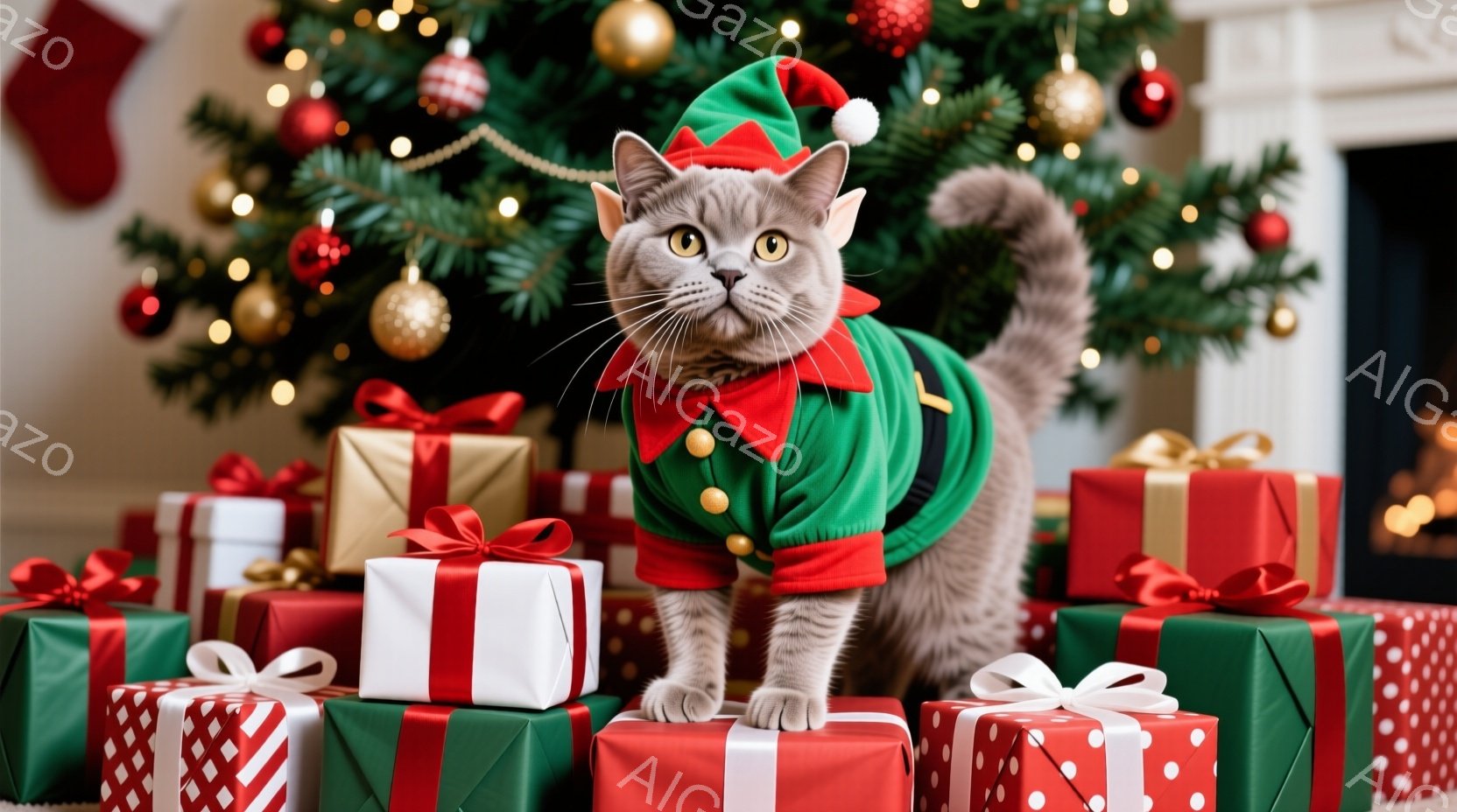 灰色の猫が、クリスマスをテーマにした緑と赤の衣装を着て、プレゼントの山の上に立っています。猫は前方をまっすぐ見つめ、少し警戒した表情をしています。背景には、飾り付けられたクリスマスツリーと暖炉が見え、 - AI生成フリー素材