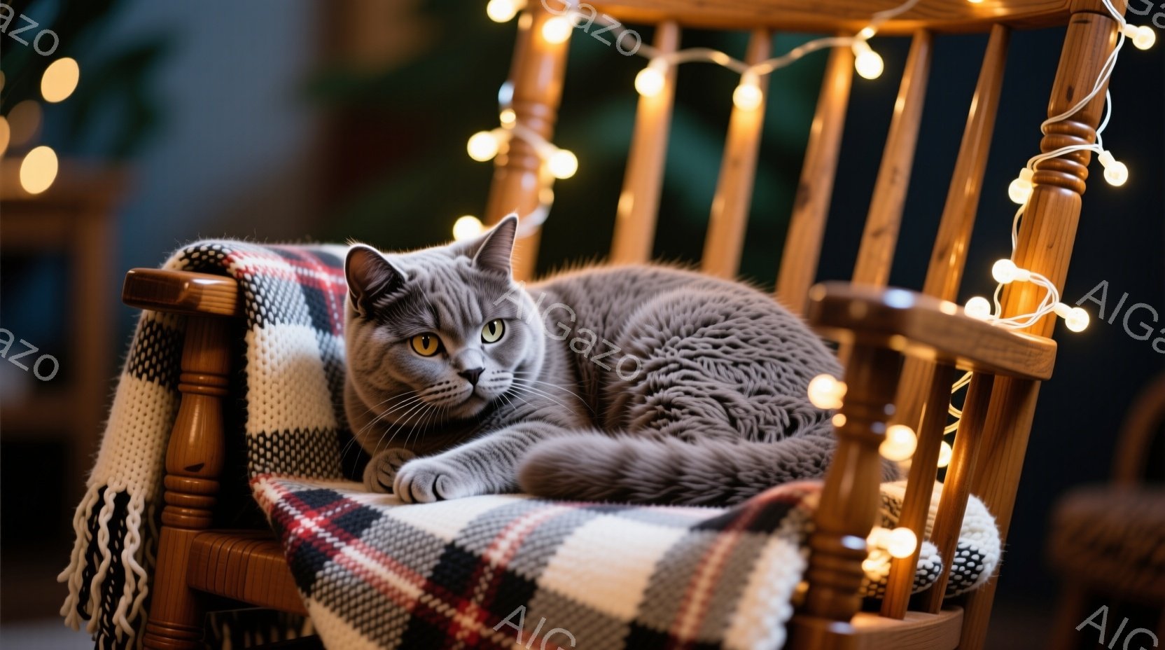 灰色の猫が、チェック柄のブランケットが掛けられた木製の椅子にゆったりと横たわっている。猫は穏やかな表情で、金色の瞳がカメラを見つめている。背景にはぼんやりとした光のイルミネーションが散りばめられ、暖か - AI生成フリー素材