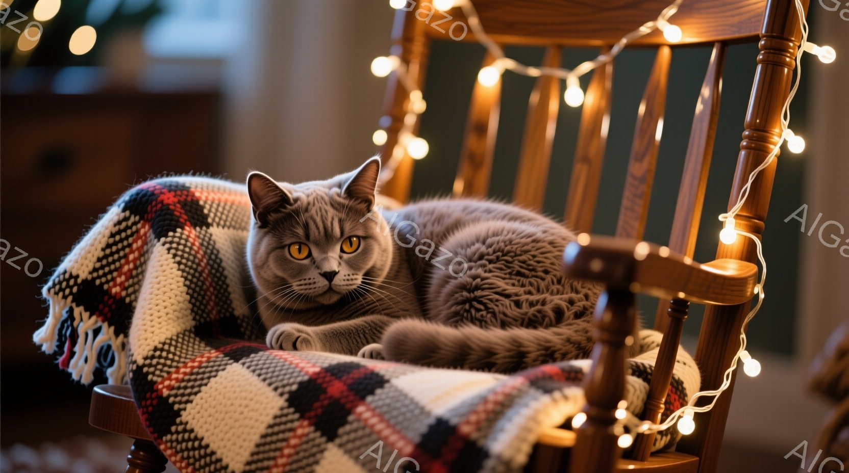 灰色の毛並みの猫が、チェック柄のブランケットが敷かれたロッキングチェアにゆったりと横たわっています。猫は黄金色の目を持ち、リラックスした表情で、まるで椅子を独り占めしているかのようです。背景にはぼんや - AI生成フリー素材