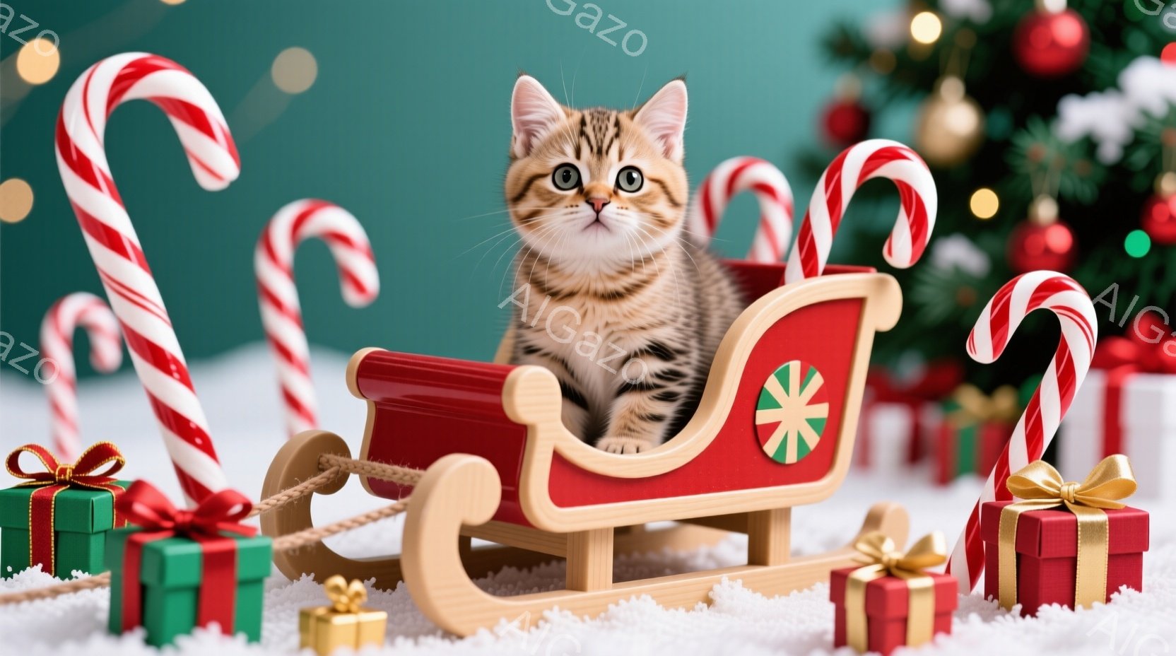 茶色の縞模様の小さな子猫が、木製のそりに座ってこちらを見ています。背景には、雪の上に置かれたプレゼントボックスや、キャンディケーン、そしてクリスマスツリーの一部が見え、クリスマスの雰囲気が漂っています - AI生成フリー素材