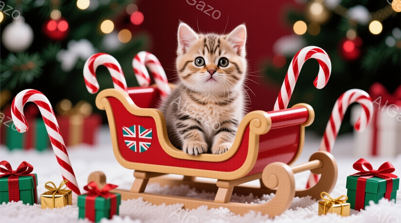 小さなキジトラの子猫が、赤いそりに座ってこちらを見ています。そりはクリスマスのイギリス国旗のマークがついており、背景には緑色のプレゼントボックスやキャンディケーン、そしてぼやけたクリスマスツリーが見え - AI生成フリー素材
