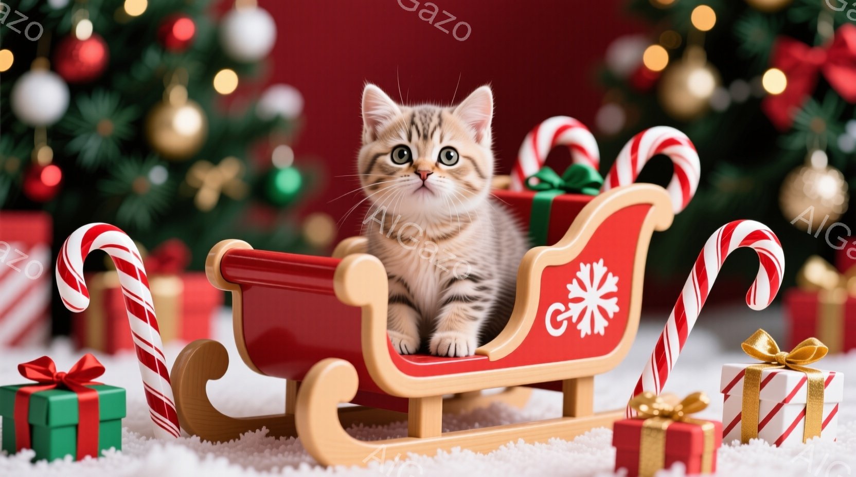 白い雪の上に、小さな縞模様の猫が赤いそりに座っています。猫は前をまっすぐ見つめ、少し警戒しているような表情をしています。背景にはクリスマスツリーが飾られ、キャンディケーンとプレゼントが散らばっており、 - AI生成フリー素材