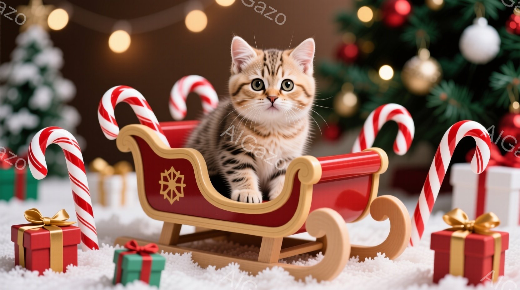 小さなキジトラの子猫が、赤いそりに座ってこちらを見ています。背景にはクリスマスツリーやプレゼントボックス、キャンディケーンが散りばめられ、白い雪の上に飾られています。全体的に暖かく、可愛らしいクリスマ - AI生成フリー素材