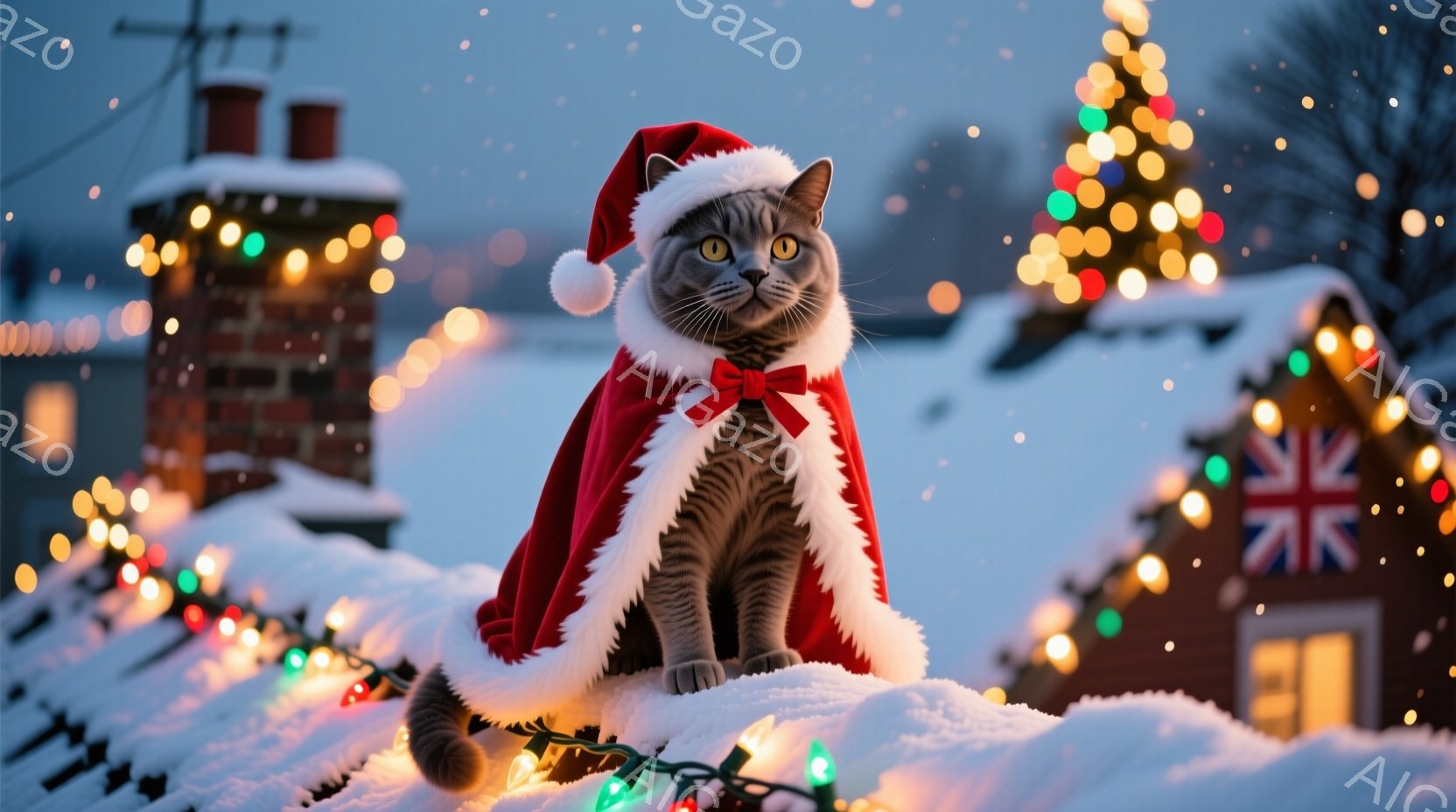 雪景色の中に、サンタクロースの帽子と赤いマントを身に着けた灰色の猫が座っています。猫はリボンで結ばれたマントを着て、少し自信ありげな表情をしています。背景には、クリスマスツリーや家々が飾られ、煌めくイ - AI生成フリー素材