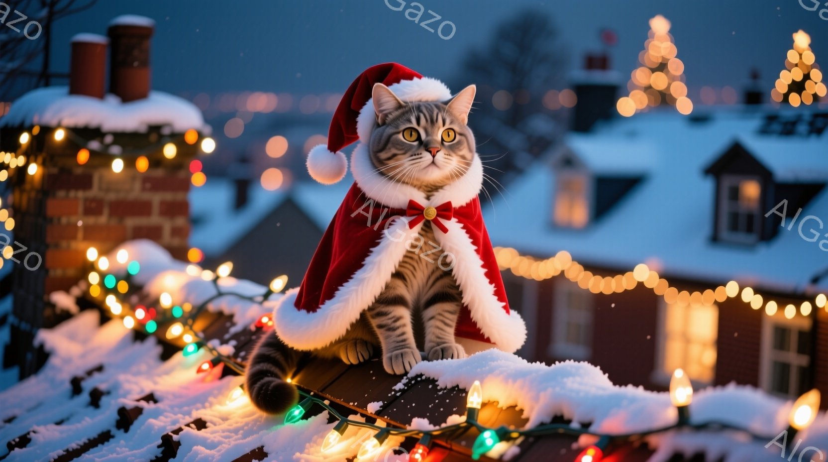 白と灰色の縞模様の猫が、赤いサンタクロースのケープを身につけ、雪の上に座っています。その表情はどこか自信に満ちており、周囲のカラフルなイルミネーションが冬の暖かさを演出しています。背景には、雪に覆われ - AI生成フリー素材