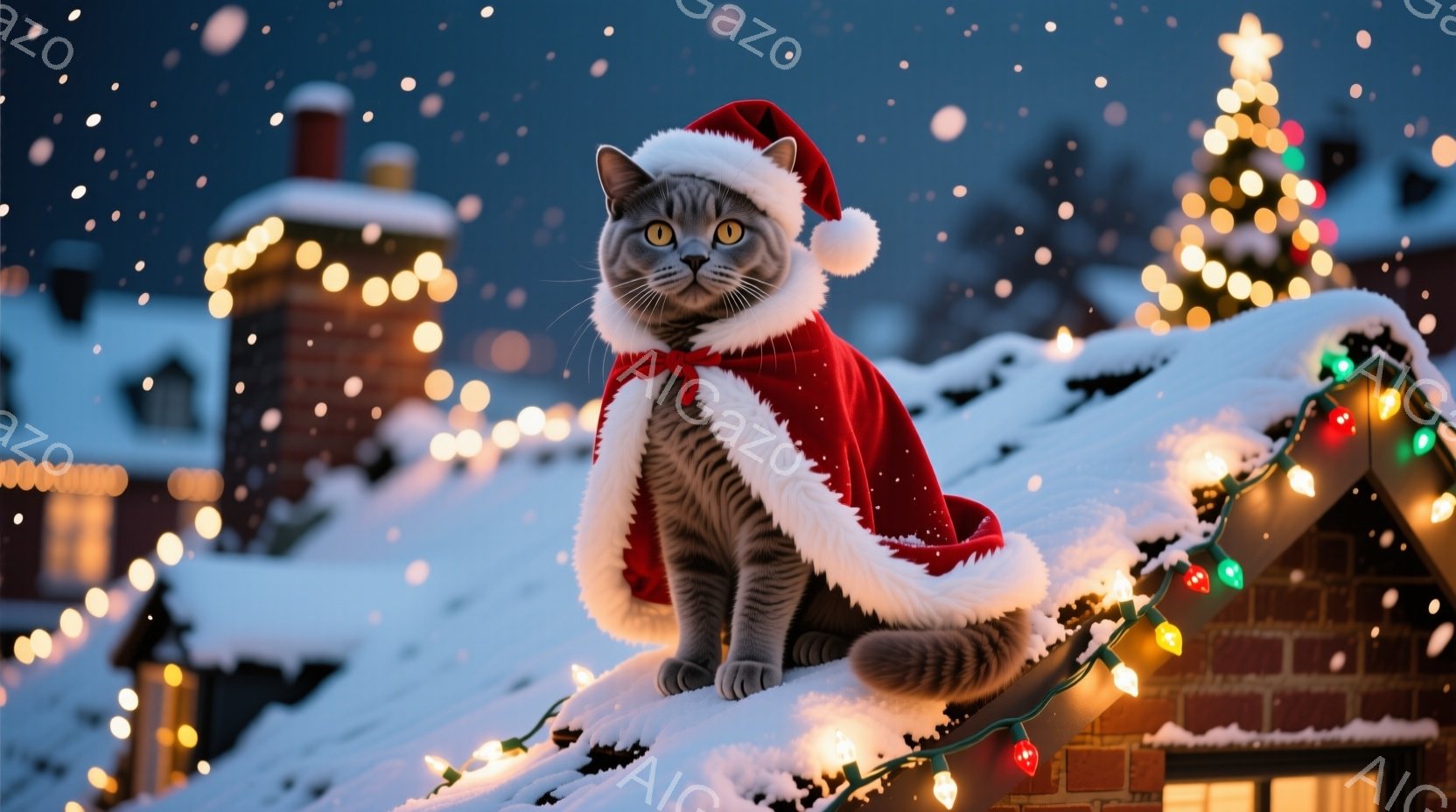 灰色の毛並みの猫がサンタクロースの帽子とマントを身につけ、雪に覆われた屋根の上で座っています。背景には、ライトアップされた家々と雪に覆われた木々が広がり、暖かい光が冬の夜を照らしています。全体的に、ほ - AI生成フリー素材