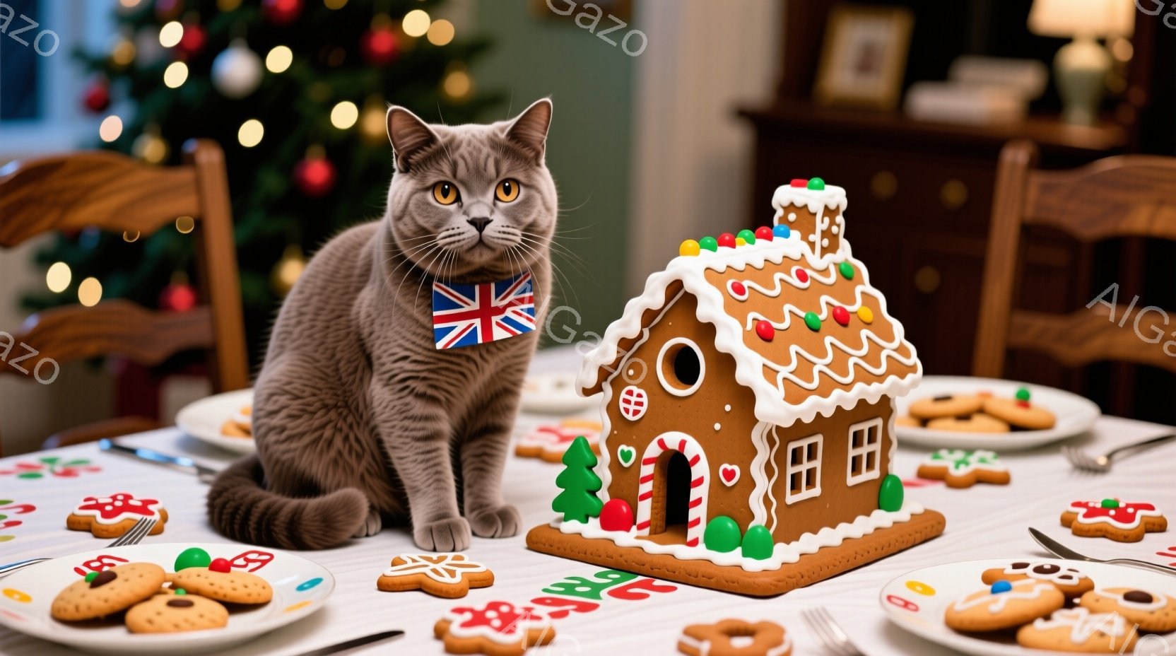 灰色の猫が、首にイギリスの国旗のバンダナを巻いて、ジンジャーブレッドハウスの前に座っています。テーブルの上には、様々な形のジンジャーブレッドクッキーが飾られ、背景にはぼやけたクリスマスツリーと家具が見えます。温かく、お祝いの雰囲気が漂う、可愛らしいシーンです。